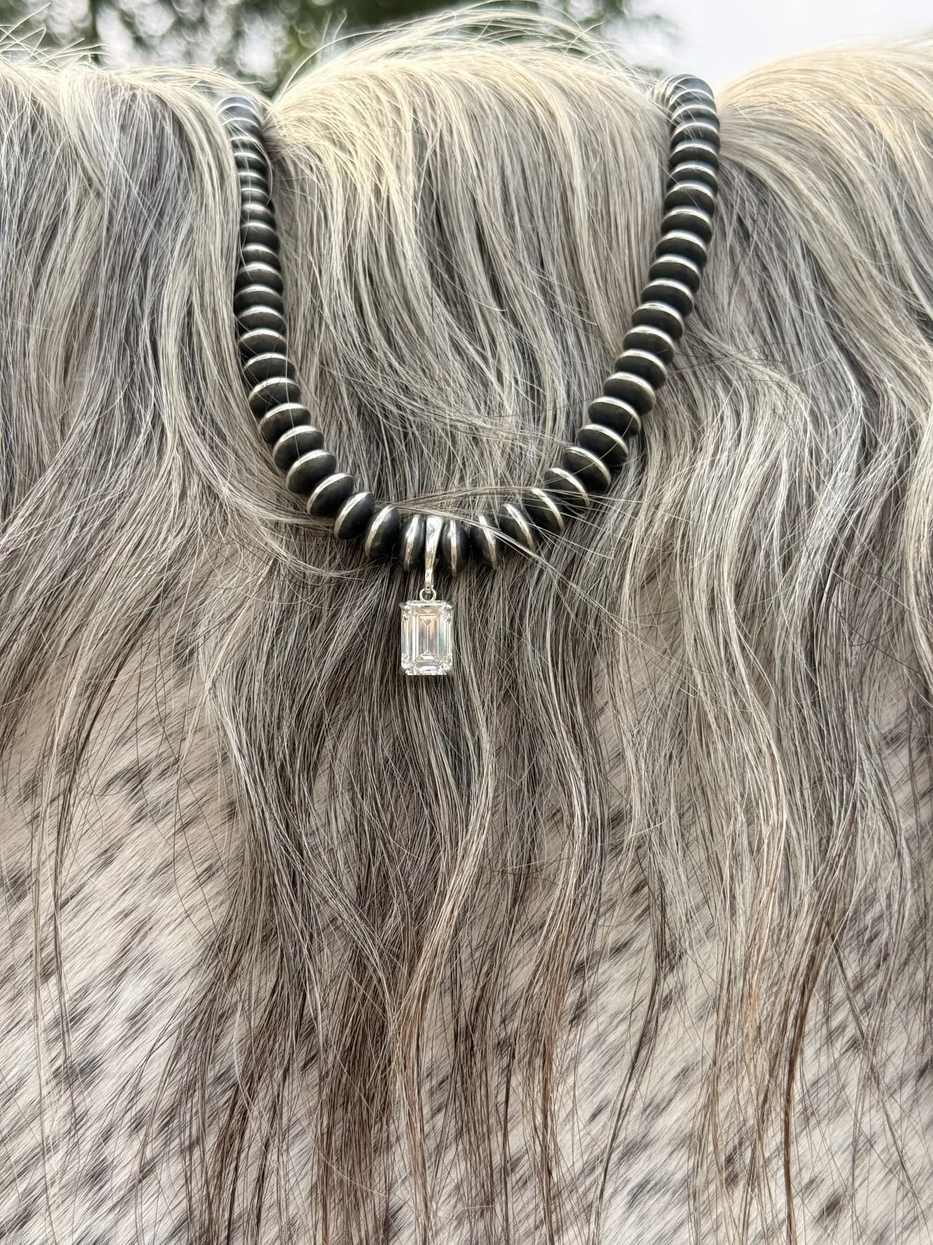 Silver bead necklace with a rectangular pendant displayed on a horse